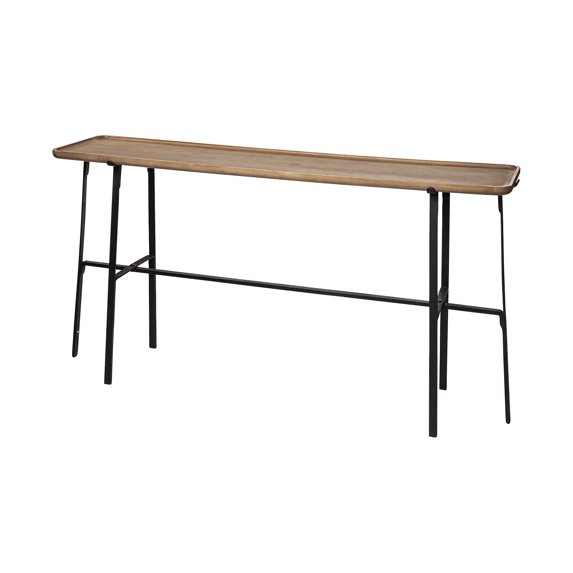 rectangular light brown raised edge mango wood finish console table with black metal frame and base