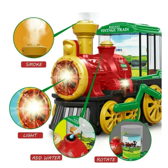 red Christmas Spray Train Toy With Light Sound Bump N Go Action Steam Locomotive Engine Model Battery Powered Vehicle For Toddlers Kids Enlightenment