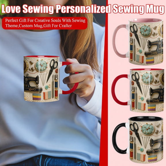 red Sewing Mug Customized with Name - “Just a Woman Who Loves Sewing” Quote, Cute Gift for Quilters, Sewing Lovers, Ceramic, Microwave & Dishwasher Safe