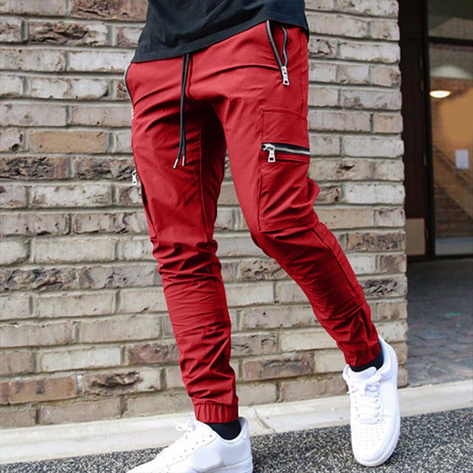 red cargo pants for men mens spring and fashion autumn cotton simple solid  color leisure high street elastic lace up pants trousers pants