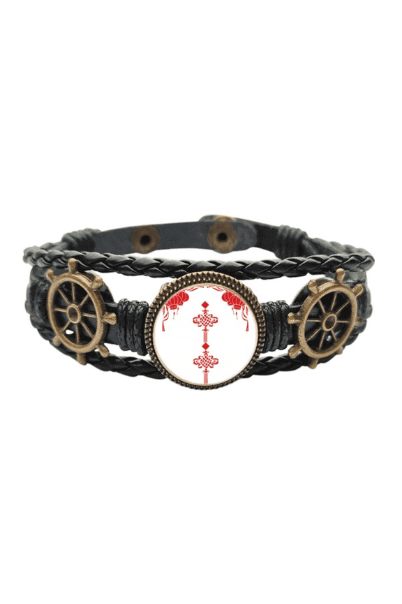 red chinese knot pattern Leather Braided Ocean Bracelet Wristband