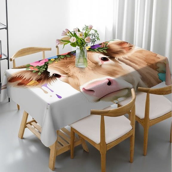red cow with a flower wreath Tablecloths for dining table, Polyester Tablecloths - Kitchen Accessories Rectangular Tablecloth, Cafe, dinner, picnic,