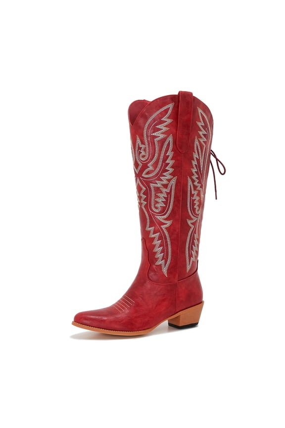 red cowgirl boots women extra wide calf Adjustable Lace Up Knee High tall plus size cowboy boots western style Comfortable 2-inch heel Size 9 Wide