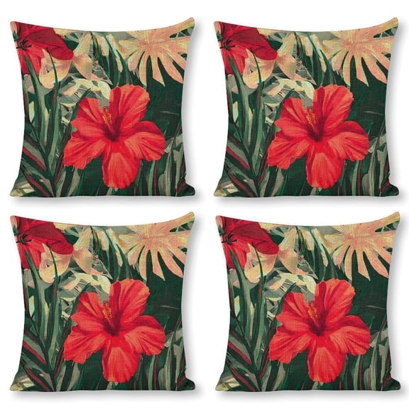 red flower tropical leaves Linen toss pillowcase decoration pillowcase gifting preferred 24x24 inch cushion cover 4 sets sofa pillowcase sofa bedroom living room car