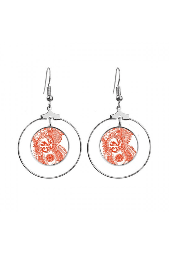 red opera head paper-cut pattern earrings dangle hoop jewelry drop circle