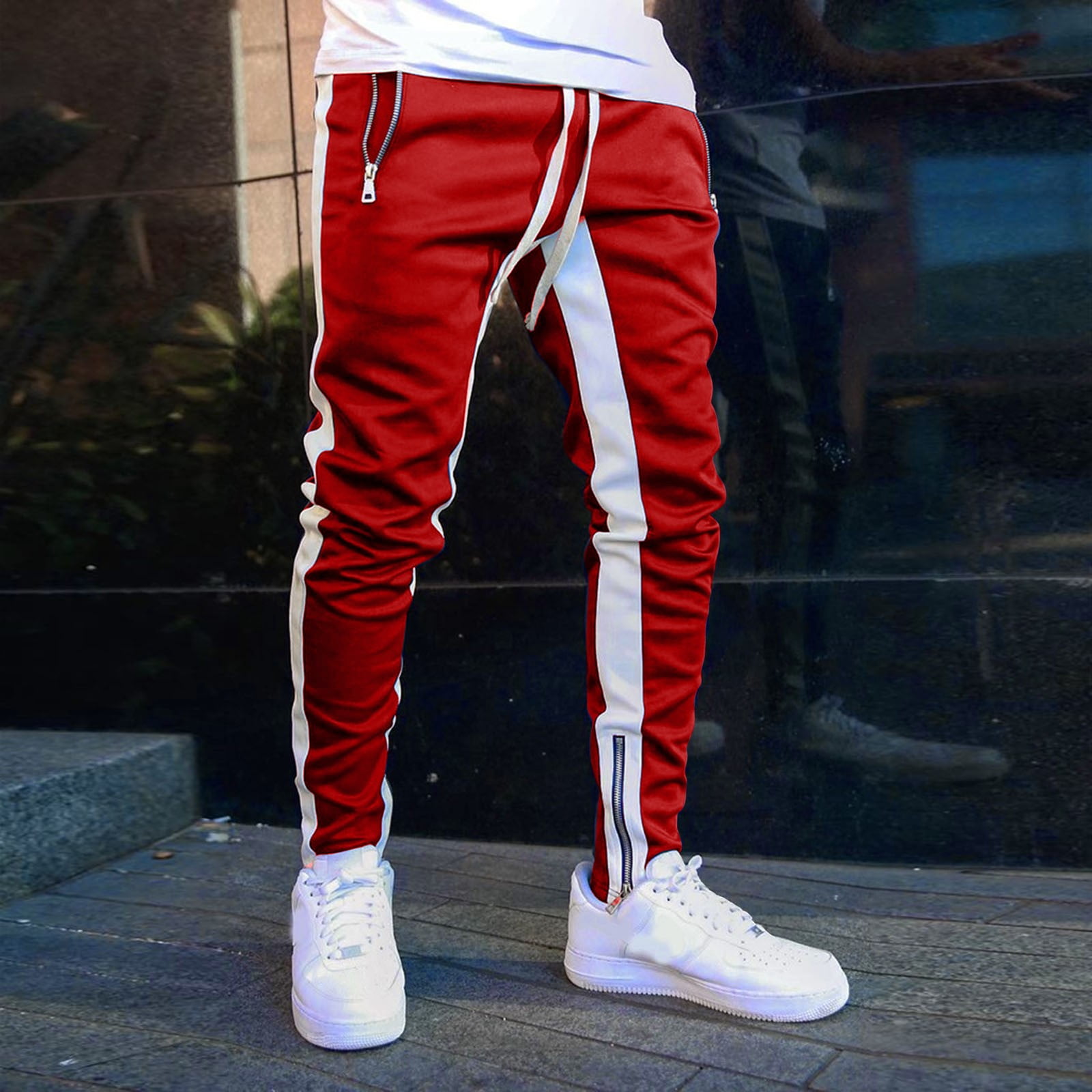 red sweatpants for men mens autumn winter leisure outdoor sports jogging  fit color foot mouth zipper pants