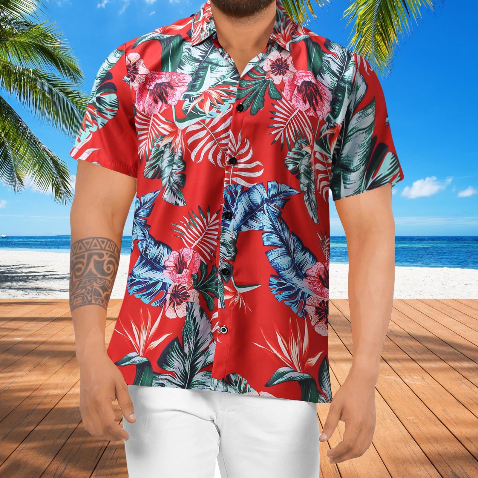 Men's Striped Floral Hawaiian Shirt - Casual Short Sleeve Button Down For Summer & Beach - View #8