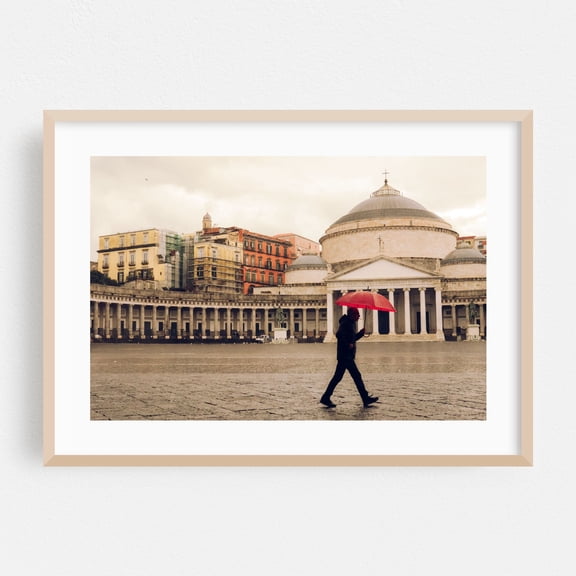 The red umbrella - Naples Campania Italy Photography Cityscape Architecture Street Photography Travel Poster Vintage Oak Framed Wall Art Print 5 x 7 inches