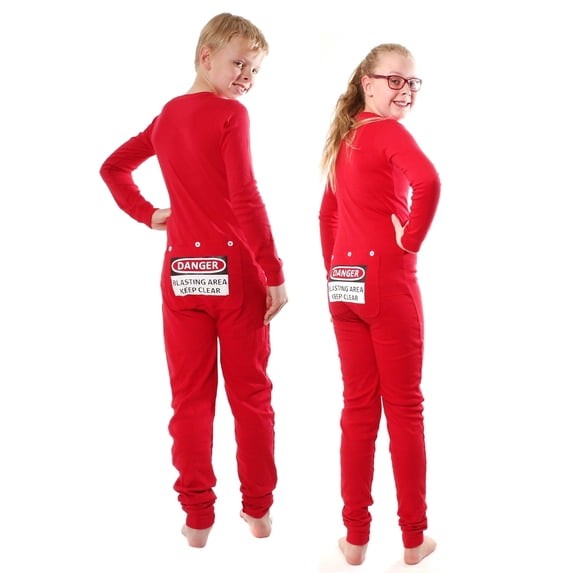 Big Feet Pajama Kids Red Union Suit Pajamas, DANGER BLAST AREA Butt Flap, Cotton, Snug Fit, Sizes 6