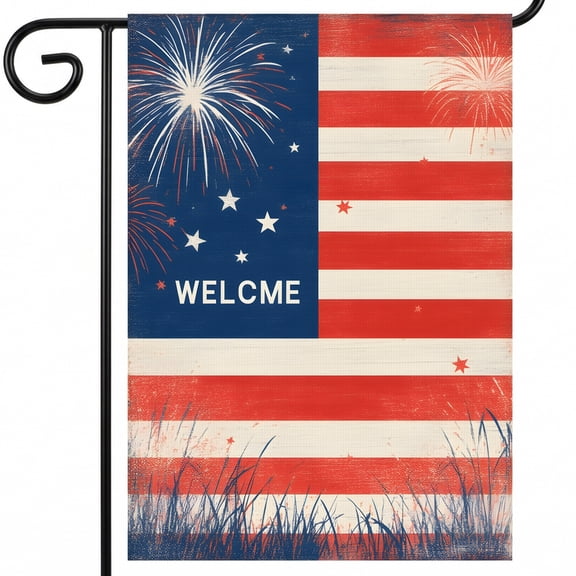 red white blue garden flag an american flag with fireworks in the background WELCME 4th of july flags 28 x 40 double sided 28 x 40 Inch House Banner front porch decorations outdoor
