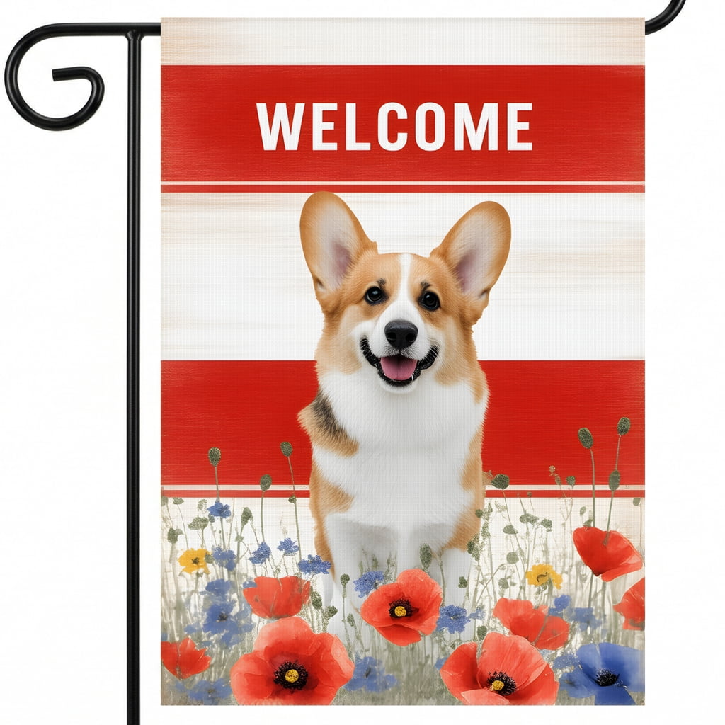 red white blue garden flag a dog sitting in a field of flowers with a ...
