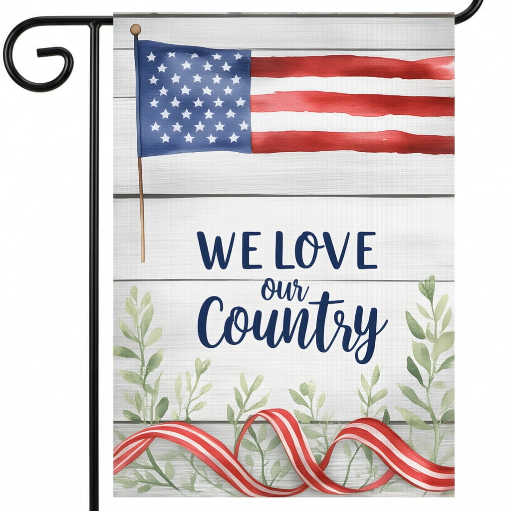 red white blue garden flag A flag with the words we love our country on it. WE LOVE our Country america 250 decor 28x40 Inch Vertical Banner americana decor
