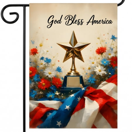 red white and blue garden flag A golden star on top of an american flag surrounded by flowers. God Bless America house flag 28 x 40 In Large Flag outdoor decorations for yard