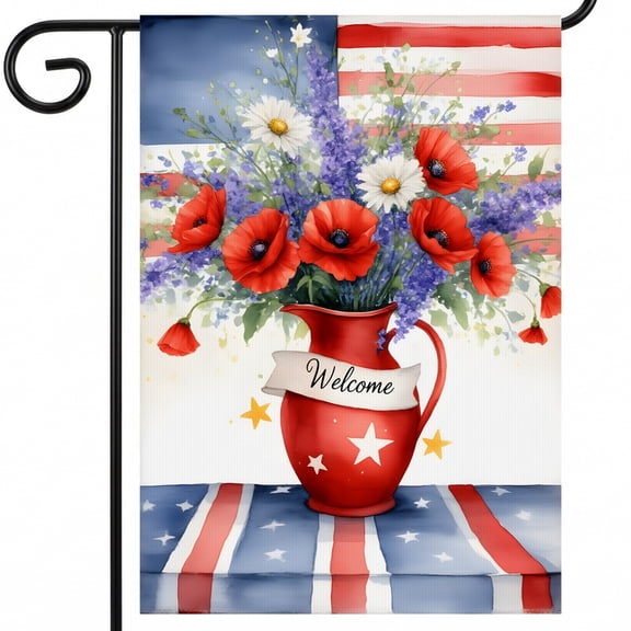 red white and blue garden flag A red vase filled with red poppies and white daisies on a patriotic background. Welcome patriotic house flags 28x40in House Flag Size garden decor