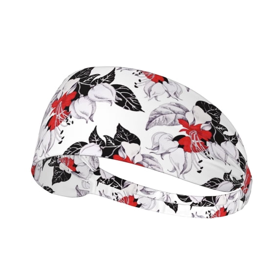 red white flowers black Headbands for Women Men, Workout Elastic Sweat Band for Yoga Running Cycling Gym Exercise Non Slip Head Bands for Women's Hair
