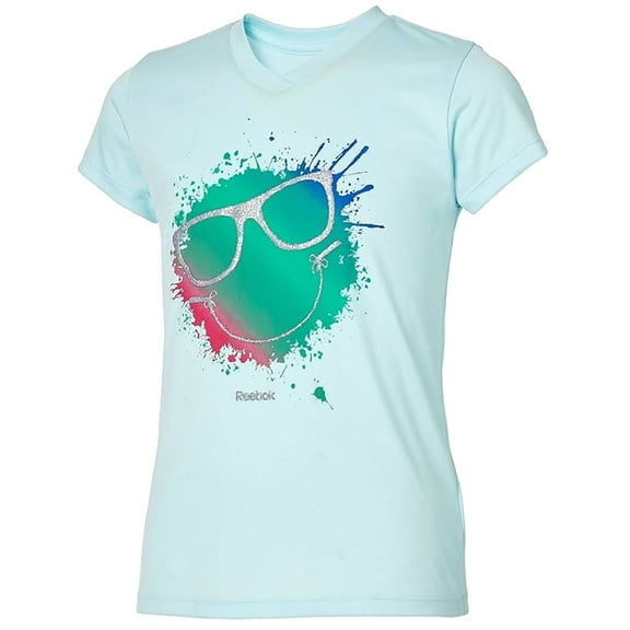 reebok girls' v-neck smiley sunglasses graphic t-shirt (large)