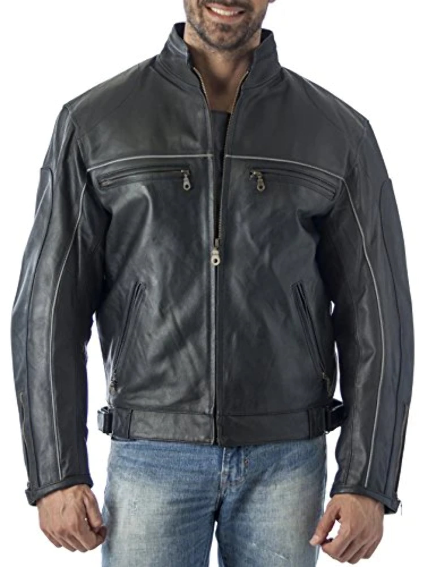 reed mens vented leather motorcycle jacket with light reflector strips ...