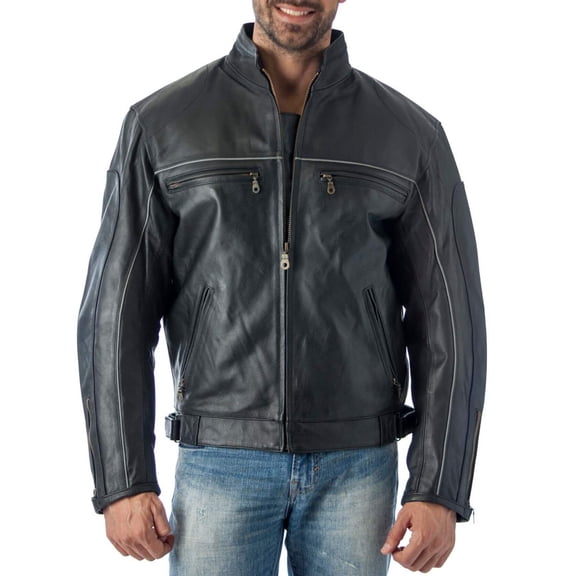 reed mens vented leather motorcycle jacket with light reflector strips on front back (xl)