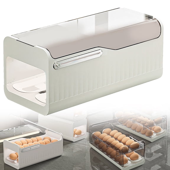 A refrigerator egg storage container with a rolling dispenser, featuring a tilted refrigerator that automatically slides out of the egg rack storage container (white)