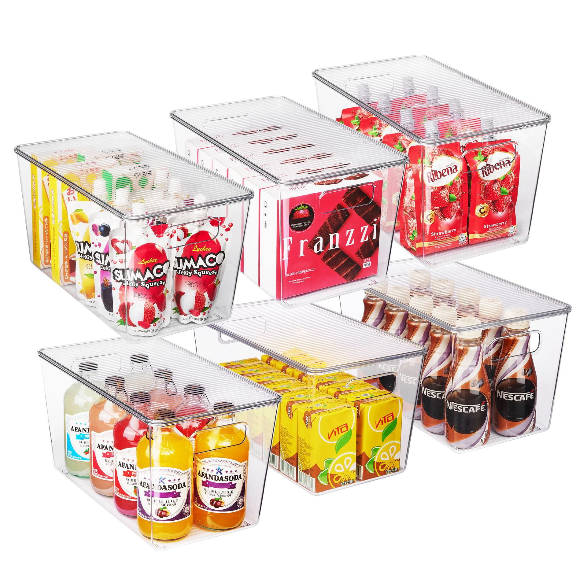 Behome 6 Pack Stackable Refrigerator Organizer Bins with Lids, Large Clear Pantry Containers with Handle, Storage Bins for Cabinet, Kitchen, Bathroom, Closet Organization, BPA Free