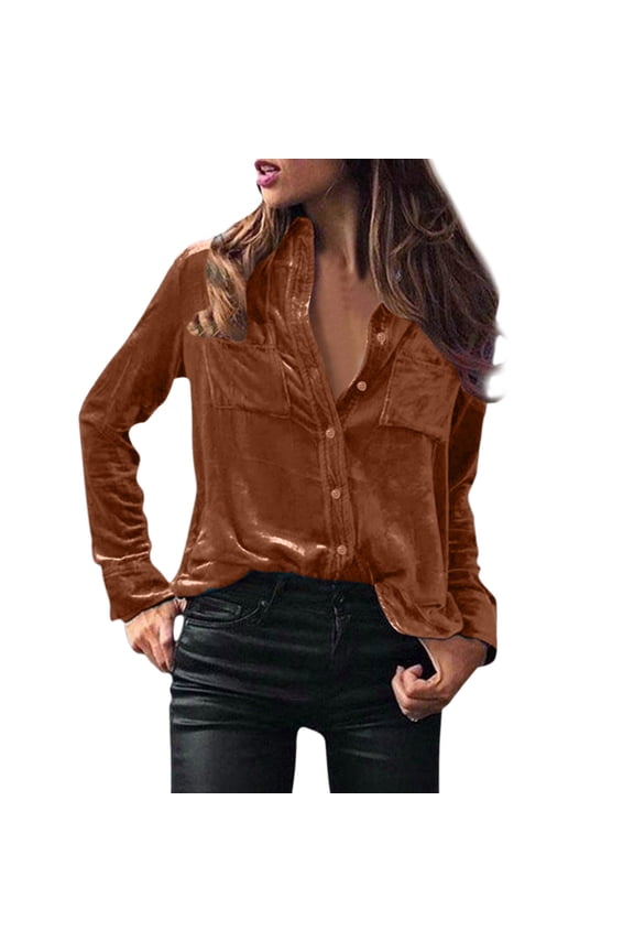 women's winter fashion velvet long sleeve button pocket casual shirt top
