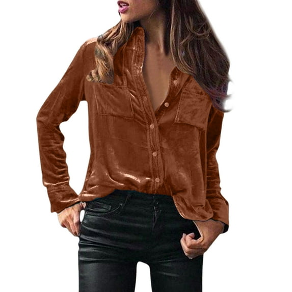 relanfenk women's winter fashion velvet long sleeve button pocket casual shirt top