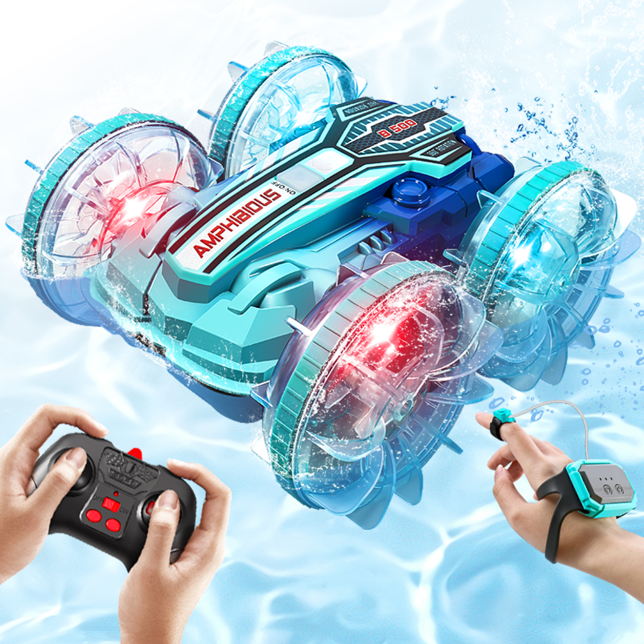 Mibescal Amphibious Remote Control Car Boat, Gesture RC Car with Waterproof Remote Control, RC Stunt Car with LED Lights, Pool Toys for Kids Ages 8-12, Toys Gifts for Boys Girls
