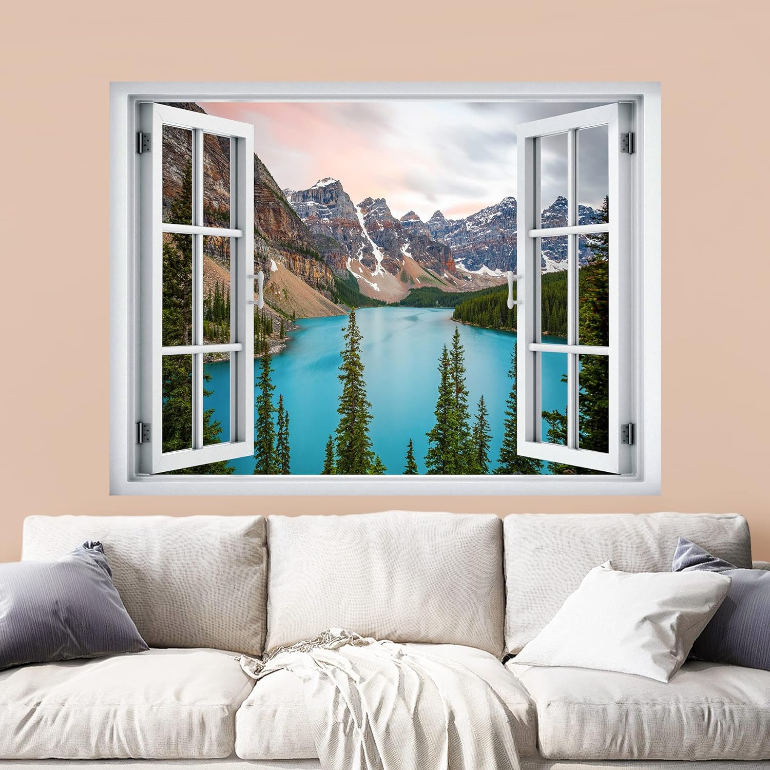 removable wall sticker/wall mural window view snowy mountain forest