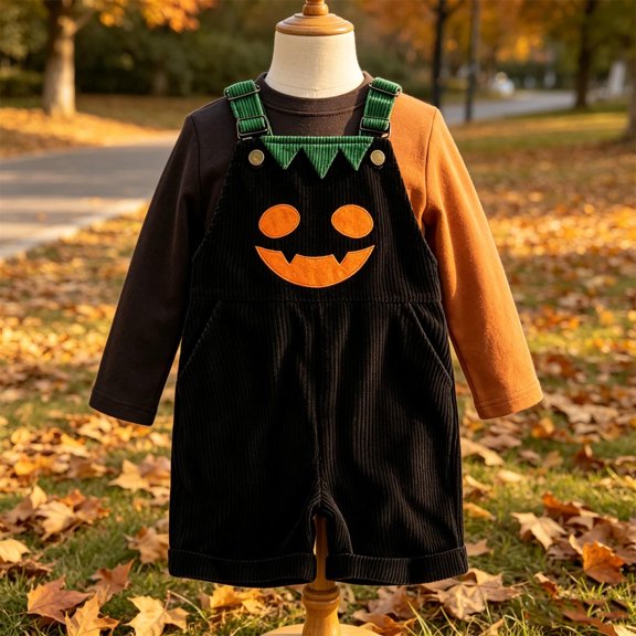 rens Corduroy Pumpkin Halloween Overalls Suspenders Color Block Party Outfit 130cm