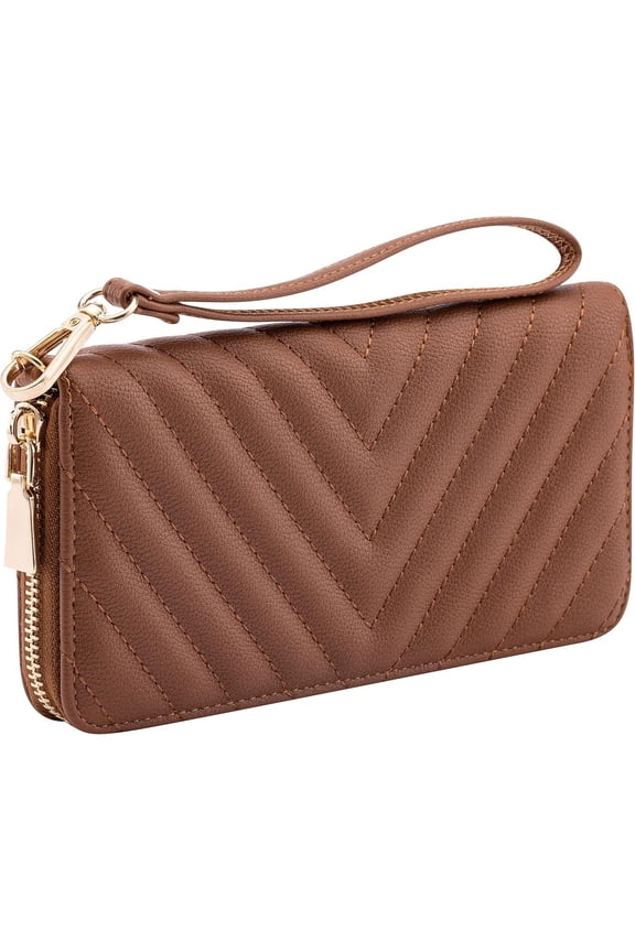 rentano Vegan Leather Slim Single-Zipper Chevron Emroidered Wallet with Removale Wrist Strap