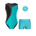 thumbnail image 1 of renvena 3Pcs Kids Girls Dance Gymnastics Outfit Sleeveless Round Neckline Shiny Rhinestones Leotard with V-front Waistband Shorts and Hair Band Blue Green 8, 1 of 7