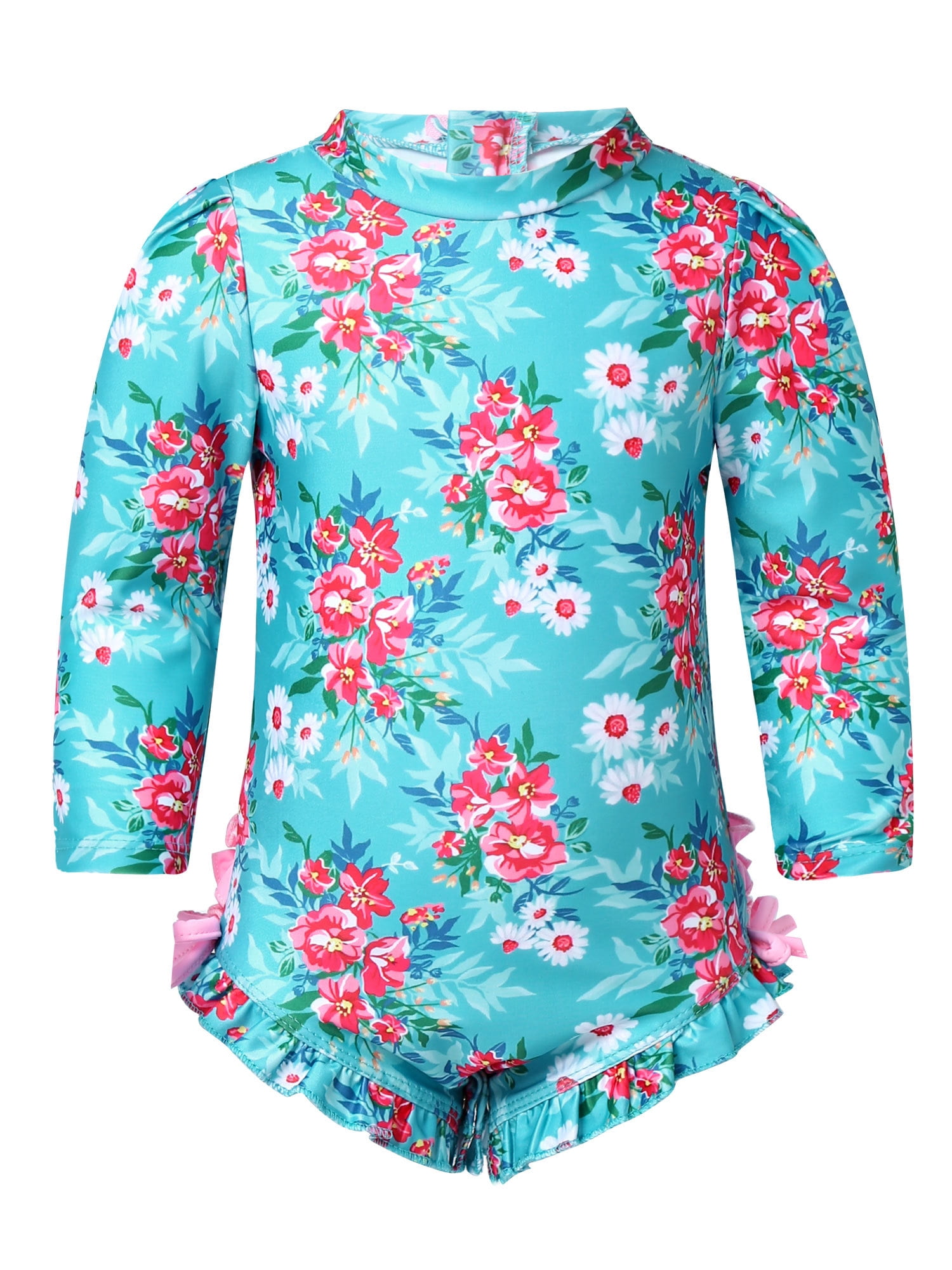 Babyhug Water Repellant Frill Sleeves V Cut Swim Suit With Floral Print - Green main image 1