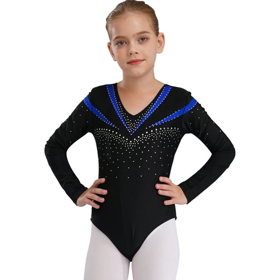 renvena Big Girls V Neck Ballet Gymnastics Leotards Sparkle Diamond Athletic Dance Bodysuits Blue 12