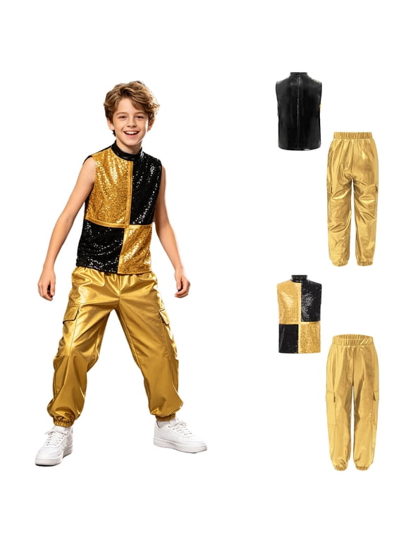 Boys 2 Piece Hip Hop Clothes Sets Street Dance Outfit for Carnival Stage Performance Party Gold 6