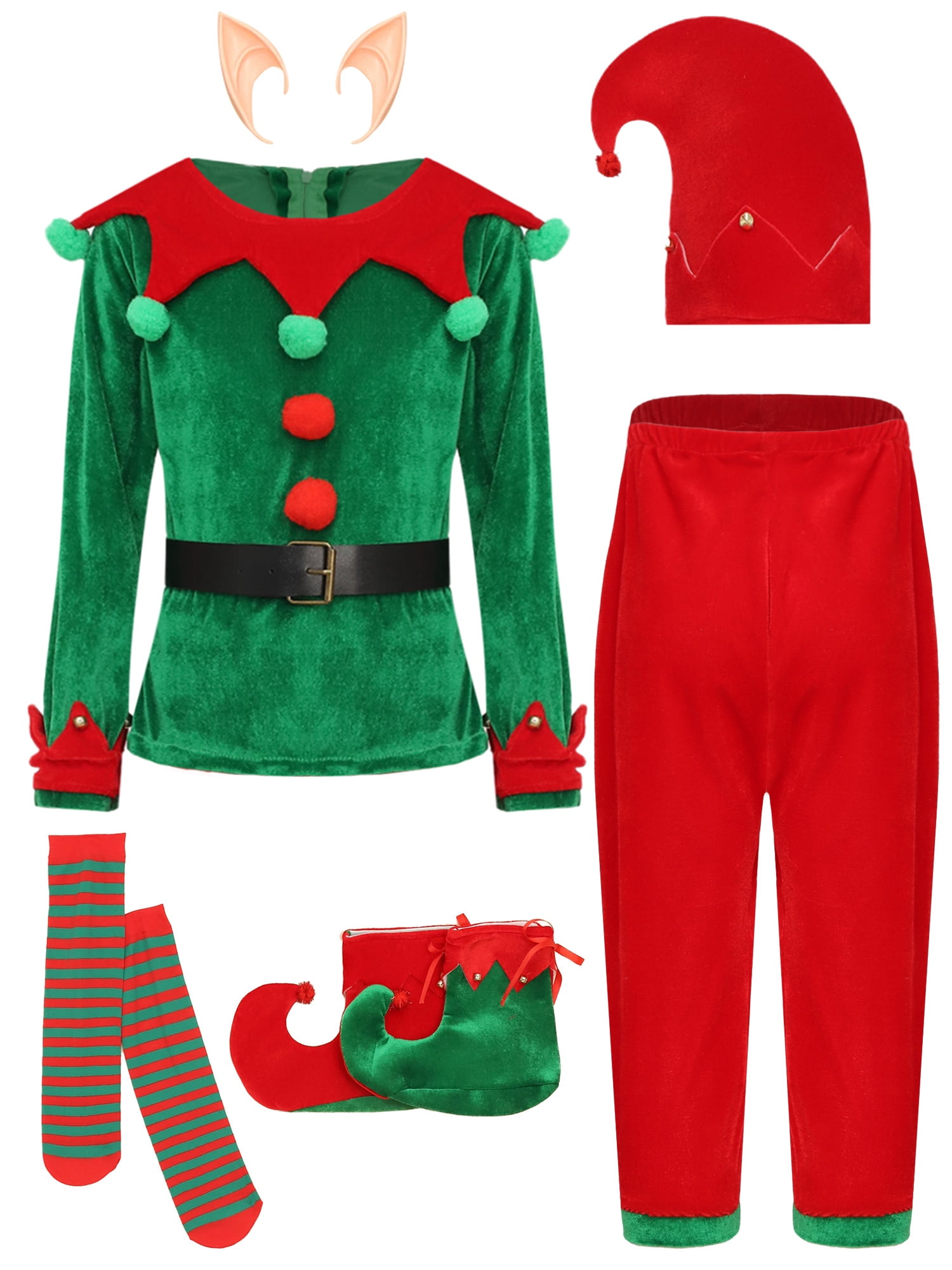 renvena Boys 7-Piece Christmas Elves Outfit Set Christmas Party Role Play Dress Up Set Green 13-14