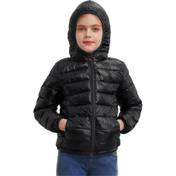 renvena Boys Girls Hooded Winter Puffer Jackets Lightweight Windproof Down Coat Warm Quilted Padded Outwear 3-16 A Black 9-10