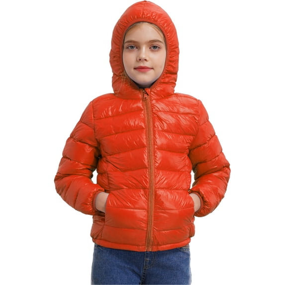 renvena Boys Girls Hooded Winter Puffer Jackets Lightweight Windproof Down Coat Warm Quilted Padded Outwear 3-16 Orange 5-6