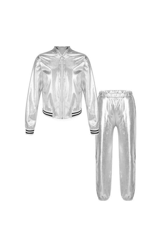 Boys Girls Jazz Hip Hop Dance Bomber Jacket with Jogger Sweatpants Set 2Pcs Sports Suit A Silver 6