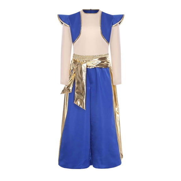 renvena Boys Halloween Costume Arabian Prince Cosplay Outfits 2pcs Ruffle Sleeve Tops And Metallic Belt Pants Suit Royal Blue 6