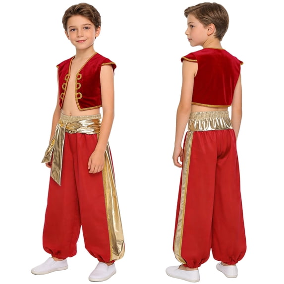 renvena Boys Prince Outfits Medieval Partywear Open Front Vest Waistcoat with Harem Pants Red 14