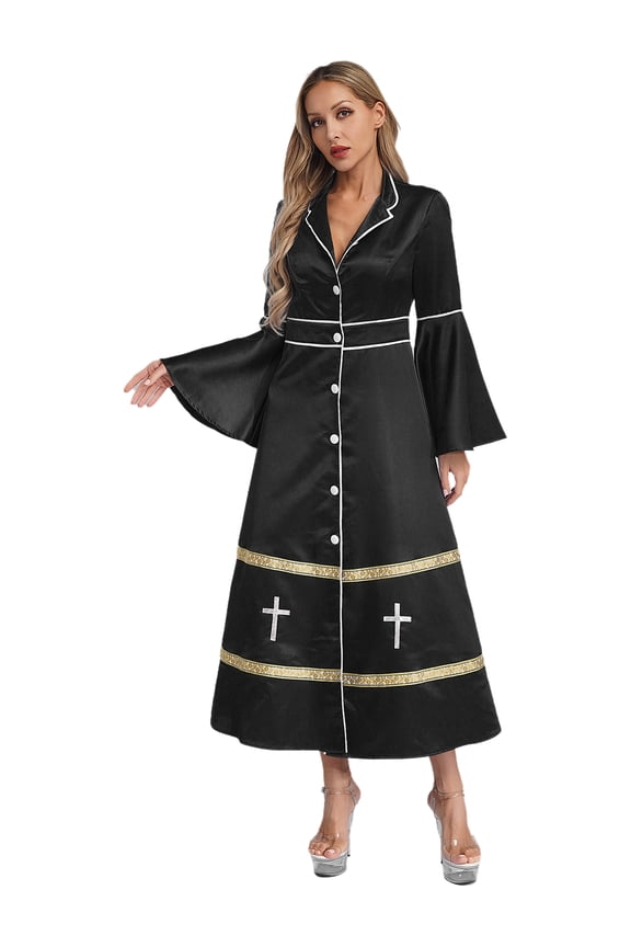 Church Robes for Women Flared Sleeves Button Clergy Dress Choir Robe Liturgical Vestments Black XL