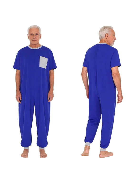 Elderly Men Dementia Clothes Alzheimers Anti-Strip Jumpsuit with Back-Zipper for Special Needs Royal Blue M