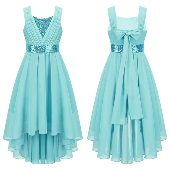 renvena Flower Girl High Low Bridesmaid Dress Kids Shiny Sequins Ruched Chiffon Wedding Pageant Prom Gown