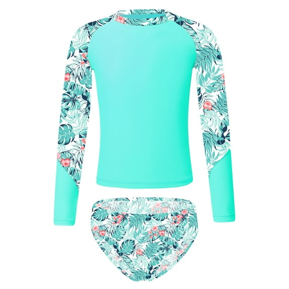 renvena Girls 2 Piece Rash Guard Swimsuits Swim Shirts Briefs Bottom Bathing Suit Tankini Bikini Set Leaf&Green 14