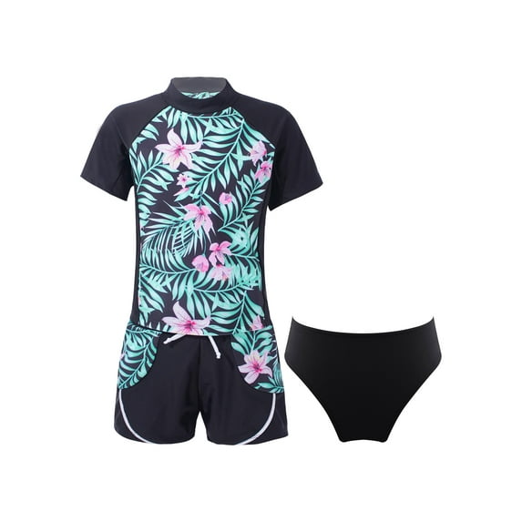 renvena Girls 3 Pcs Athletic Tankini Rashguard Shirts with Brief Shorts Swimsuit Beach Bathing Suit 8-16 Black 16