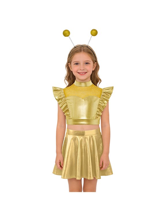 Girls 3Pcs Alien Cosplay Set Shiny Metallic Crop Top A-line Skirt Hair Hoop Outer Space Theme Party Gold 12