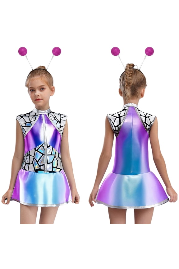 Girls Alien Outfit Sequins Metallic Dance Dress with Antennas Kids Outer Space Fancy Dress Blue Hot Pink 16