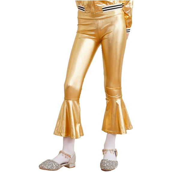 renvena Girls Bronzing Flare Dance Pants Kids Shiny Metallic Bell Bottom Jazz Stage Performanceg Size 6-16 A Gold 10