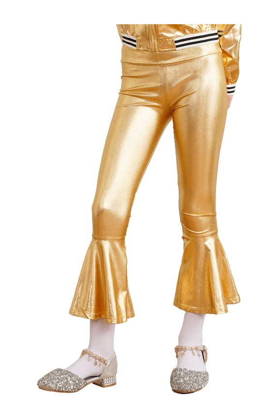 Girls Bronzing Flare Dance Pants Kids Shiny Metallic Bell Bottom Jazz Stage Performanceg Size 6-16 A Gold 6
