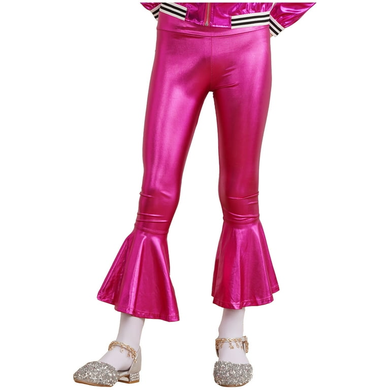 renvena Girls Bronzing Flare Dance Pants Kids Shiny Metallic Bell Bottom  Jazz Stage Performanceg Size 6-16 Hot Pink 8